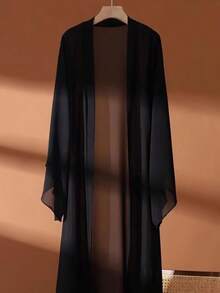 2pcs Women's Bohemian Style Black Chiffon Belted Long Sleeve Outerwear Set, Paired With Flowing Poncho - Lightweight, Non-Stretch Fabric, Suitable For Spring And Autumn Elegant - Black - View 5