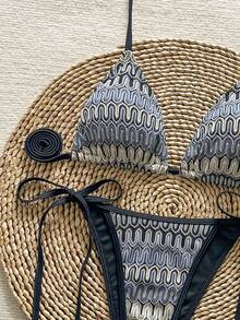 Women's Unique Textured Fabric Bikini Two Pieces Swimwear, Cute Spaghetti Strap Backless Design - Dusty Blue - View 4