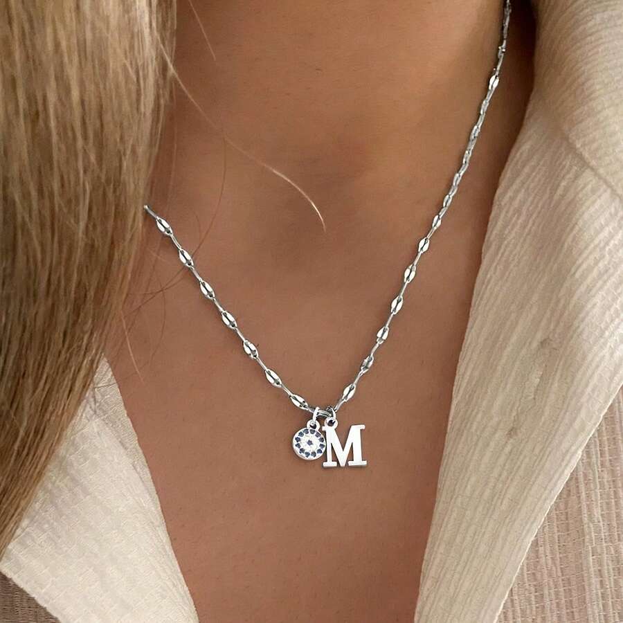 1件新款金色长方形字母圆形蓝色眼睛吊坠不锈钢唇链项链，女士款 - 銀色 - 查看 1