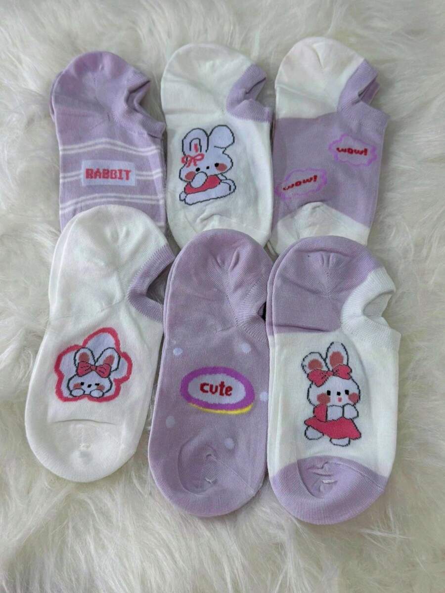Meia invisível feminina estampada algodão fina primavera verão, meia soquete antiderrapante que não escorrega, desenhos coelho elefante coala pato, cano baixo, várias cores disponíveis - Malva - Visão 1