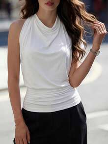 Elegant White Halter Ruched Crop Top - Women's Spring Summer Cowl Neck Sleeveless Backless Tie Back Stretchy Slim Fit Top For Party Vacation Business Wedding Easter - White - View 8
