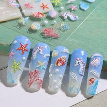 5D海洋美甲贴纸 - 色彩鲜艳的贝壳、海星和海马图案，自粘式DIY夏季海滩美甲饰品，闪亮塑料质感，一次性使用，完美适用于美甲和足疗，夏季美甲 | 色彩鲜艳的美甲 | 自粘贴纸 - 彩色 - 查看 3