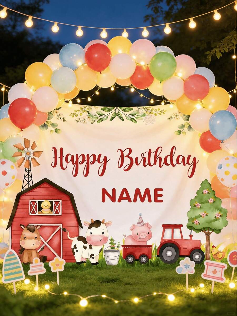 Personalized Farm Theme Birthday Party Backdrop, Customized Happy Birthday Banner With Barn And Animals, Outdoor Summer Party, Back To School