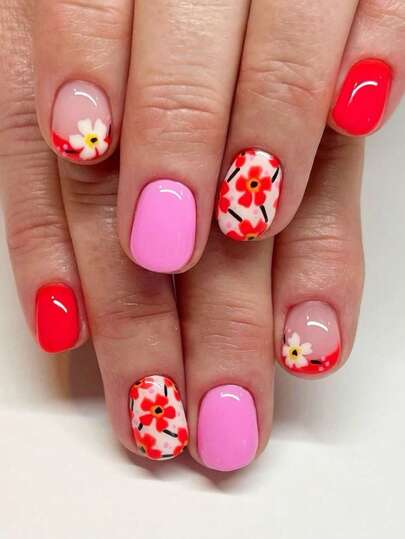 24pcs/Set Square Spring/Summer Red French Floral & Solid Peach Adhesive Short Fake Nails, Suitable For Hot Girls, Office Ladies, Parties, Dates And Daily Wear