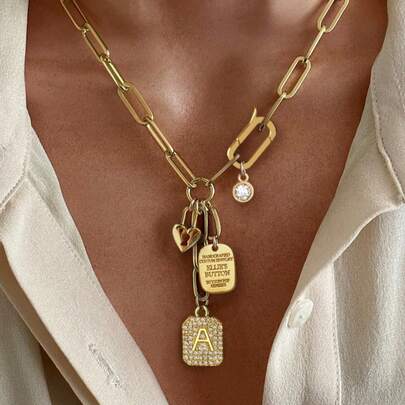 1pc Gold Letter Necklace, Heart-Shaped Locket Pendant Chain, White Diamond Pendant Chain, Fashionable Elegant Multi-Layer Pendant Necklace, Unique Luxury Women's Necklace