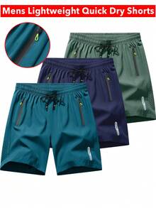 3-Pack Of Men's Stylish Athletic Shorts With Black Drawstring Design And Zippered Pockets, Perfect For Summer Workouts And Outdoor Activities - Xanh dương + Xanh hải quân + Xanh lá cây - Xem 2