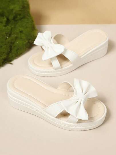 1 Pair Children's Casual Holiday Wedge Bow Decor Fashion Thick Bottom Platform Summer Slide Sandals