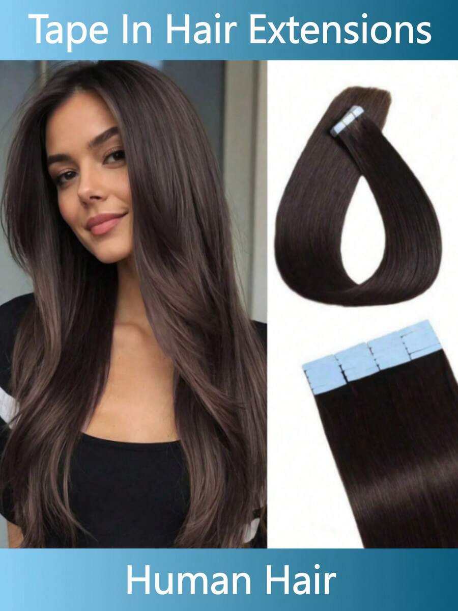 Lsybeauty 20pcs Straight Tape In 100% Remy Human Hair Extension For Salon Multicolor Color Dark Brown Color 2# 16-26 Inches Silk Straight Seamless Skin Weft Hair Extension Tape In Hair Tape Ins Hair Extentions - S2 - 查看 1