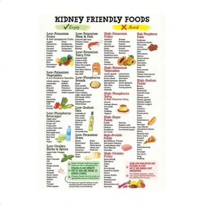 1 pieza Póster de alimentos amigables para los riñones, lista de compras baja en potasio, guía de compras educativa sin marco para principiantes en el plan de dieta renal, tema de texto de unicolor