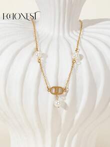 1pc High Quality Stainless Steel Gold Letter D Pearl Tassel Long Necklace, Decoration Accessory For Gala & Party - Yellow Gold - View 3