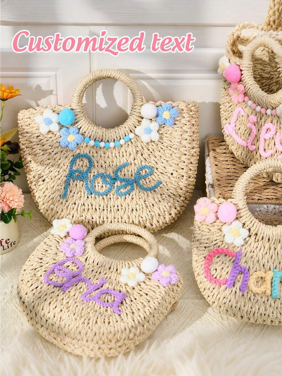 Túi cói in tên theo yêu cầu, túi đi biển đan thủ công, quà tặng cho phù dâu, túi du lịch mùa hè.