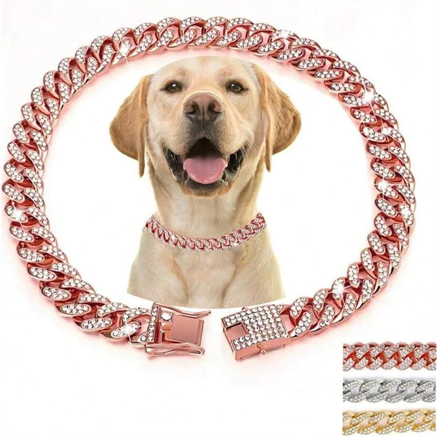 Shiny Pet Necklace, Cool Dog Collar, Small Dog Leash, Alloy Cuban Chain With Embedded Cubic Zirconia, Pet Decorative Chain Accessories - Rose Red - View 1