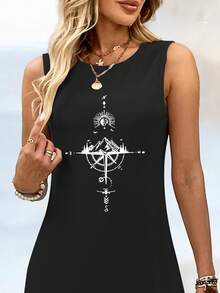 [Compass Print Tank Dress] Comfortable Sleeveless Tank Dress With Compass Print - Casual Long Sleeveless Midi Dress For Women, Lightweight Polyester, Perfect For Beach Outings, Hiking, And Casual Attire, Casual Wear Dress| Relaxed Fit Dress| Minimalist Design - 黑色 - 查看 3