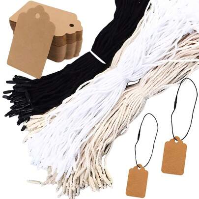 200pcs Polyester Lanyard & Kraft Paper Wavy Label DIY Jewelry Clothing Price Display Tag Festival Birthday Gift Wrapping Writable Greeting Cards School Office Supplies