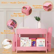 Kids Table And Chair Set, 4 In 1 Wooden Activity Table & 2 Chairs With Storage Drawer Detachable Tabletop For Toddlers Kids Drawing, Reading, Crafts - ROSA - Ver 3