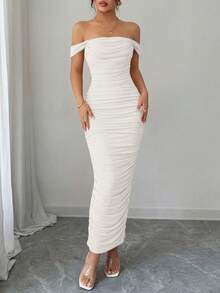 Women's Summer Dresses Off The Shoulder Dress Ruched Bodycon Sleeveless  Evening Elegant Dresses Wedding Guest Graduation  Cocktail Club Party White Maxi Dresses - 白色 - 查看 5