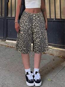 Women's Vintage Leopard Print Casual Straight Leg Denim Shorts With Pockets, Versatile For Street, Daily, Office, Spring/Summer - Multicolor - View 1