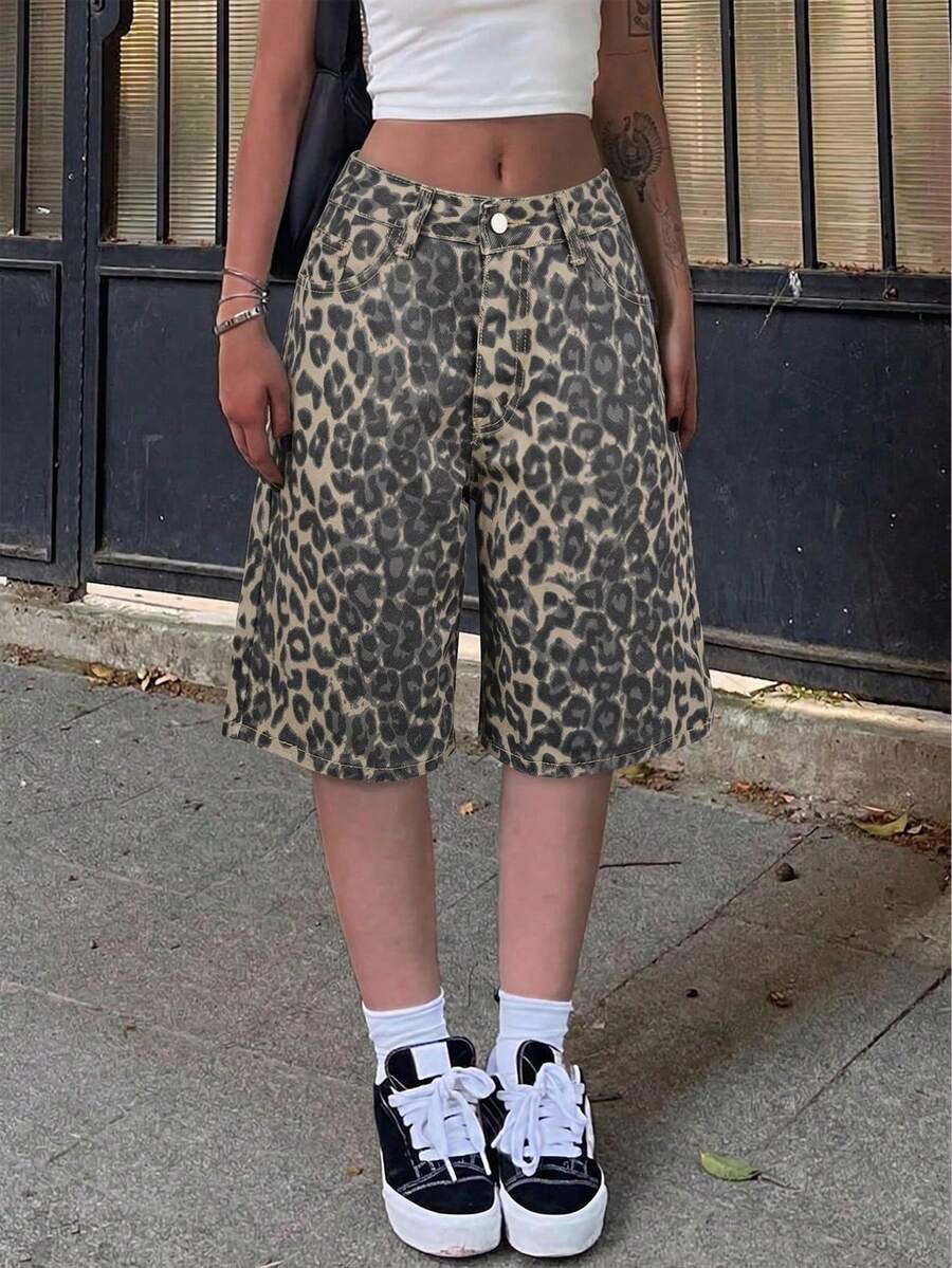 Women's Vintage Leopard Print Casual Straight Leg Denim Shorts With Pockets, Versatile For Street, Daily, Office, Spring/Summer - Multicolor - View 1