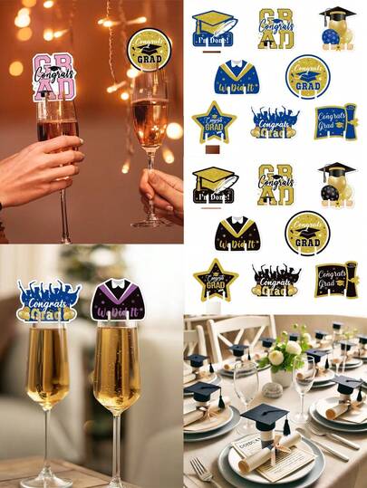 Bộ 8 món trang trí ly rượu lấp lánh vàng/xanh dương cho lễ tốt nghiệp, bộ trang trí ly rượu tiệc tốt nghiệp, mũ tốt nghiệp, áo choàng, ngôi sao năm cánh, họa tiết bóng bay, đồ trang trí không khí tiệc tốt nghiệp năm 2026, đạo cụ chụp ảnh, trang trí nâng ly, trang trí tiệc theo chủ đề tốt nghiệp, phù hợp cho trang trí tiệc tốt nghiệp, vật trang trí bàn, trang trí tự làm.