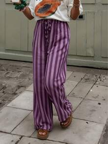 Pantalones anchos de pierna ancha con rayas moradas para mujer, pantalones anchos largos y cómodos, con cintura con cordón, estilo bohemio casual para primavera y verano - rayas moradas - Ver 3
