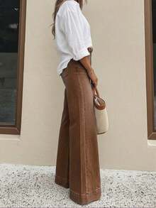 Women's Casual Wide Leg Jeans, Elegant & Fashionable Long Style With Pockets, Medium Stretch Washed Fabric Spring - 摩卡棕 - 查看 6