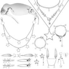 Y2k Accessories Set Included Star Y2k Silver Necklace Grunge Layered Necklace Y2K Sunglasses Star Hair Clip Y2k Silver Hair Clips Keychain Hip Hop Pants Chain Vintage Jewelry Set for Women - Estilo moderno Y2K - Ver 9