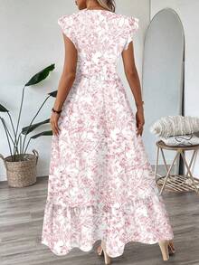 Đầm midi dáng chữ A cổ chữ V tay ngắn, thắt eo, họa tiết hoa mùa hè thanh lịch, thích hợp cho đi làm hàng ngày, công sở, đám cưới, dã ngoại, kỳ nghỉ, phong cách giản dị nhưng sang trọng khi đi biển. - Hồng - Xem 2