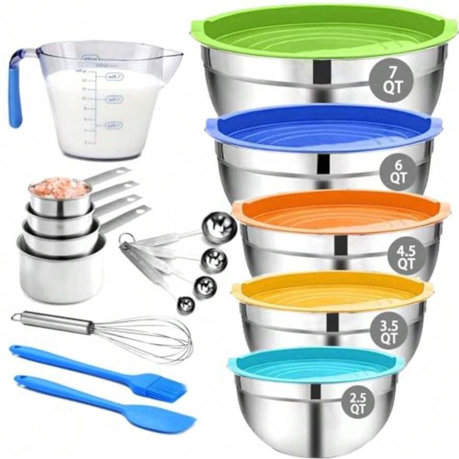 Mixing Bowls Set 22PCS Large Stainless Steel Mixing Bowl with Lids Set Large Nesting Bowls 7/6/4.5/3.5/2.5QT Measuring Cups and Spoons Baking Storage Metal Bowl for Kitchen Prep Supplies - Juego de cuencos para mezclar ColorFull - Ver 1