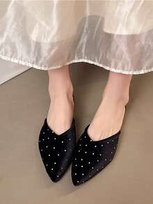 1双女士粉色水钻尖头平底拖鞋，休闲优雅风格黑色舒适百搭拖鞋 - 黑色 - 查看 6