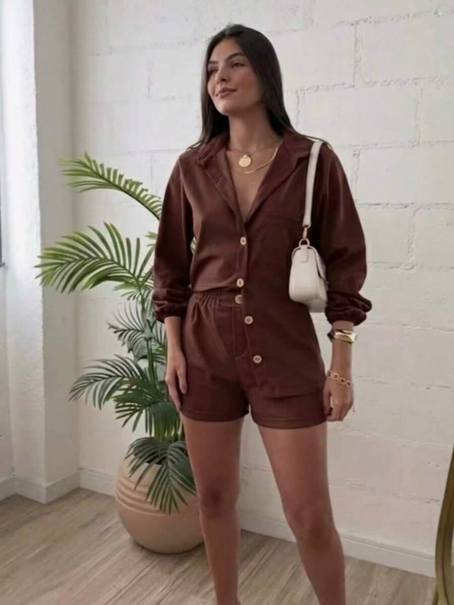 Combination Set Consisting Of A Long-Sleeved Top And Shorts. - Maroon - View 1