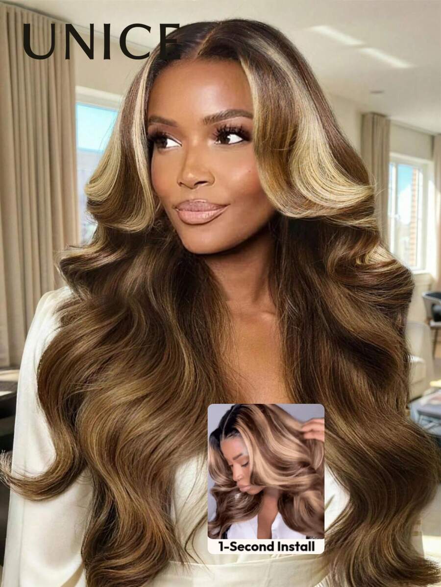 13x4 Lace Front Wig, Honey Brown Mixed With Golden Highlights, Soft Wavy Texture, Pre-Cut, Pre-Combed, Pre-Bleached, With Drawstring, Includes Golden Highlights For Face-Framing Layers, Unice Hair