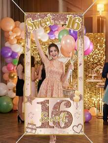 1个巨型甜美16岁生日派对相框 - 玫瑰金闪光装饰16岁生日派对背景，适用于自拍区、甜品桌装饰和生日相册 - 彩色 - 查看 5