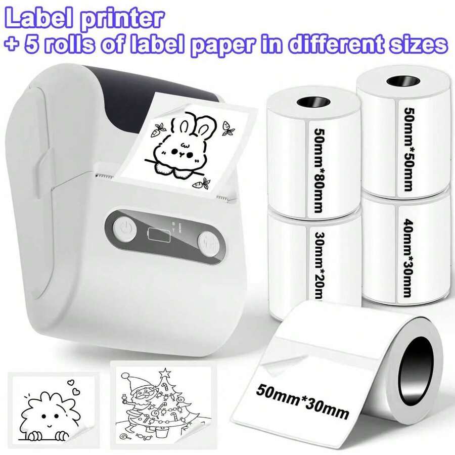 Portable Label Maker - Wireless Label Printer With 5 Rolls Of Different Size Label Paper; Compact Thermal Label Printer For Small Businesses, Offices And Home Use; Ink-Free Label Maker Compatible With IOS And Android - Multicolor - View 1