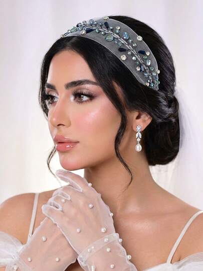 1件清爽绿色水晶发箍，饰有闪亮水钻，简约网纱镂空宽檐头饰，适合新娘、婚礼、正式场合、摄影、节日派对、休闲穿着