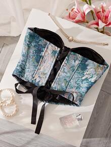 新款无肩带束身胸衣，女士丛林印花钢骨胸衣，收腰设计 - 淺藍色 - 查看 3