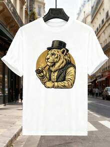 Camiseta vintage con estampado de tigre fumando en pipa, oto?o, algodón de alta calidad, cuello redondo, corte relajado, estilo casual. - Blanco - Ver 2