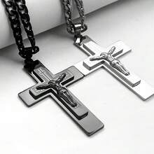 Men's Stainless Steel Jesus Cross Pendant Necklace Suitable For Casual & Formal Wear, Non-Fading Religious Amulet Gift For Church, Wedding, Daily Jewelry For Christians - Necklace - View 6