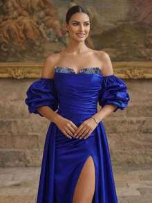 女士优雅弹力正式连衣裙，露肩泡泡袖，垂褶设计，大腿开衩配拉链细节 - 寶藍色 - 查看 3