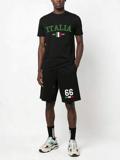 Men's Summer Fashion Green Italian Pattern Print Short Sleeve T-Shirt And Shorts 2-Piece Casual Outfit