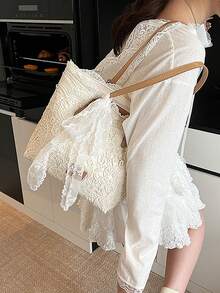 2026新款蕾丝蝴蝶结托特包，女士大容量手提包，单肩包，简约通勤包 - 白色 - 查看 6