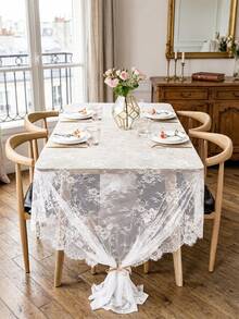 1pc White Lace Tablecloth Fabric Combination, With Tassel Edges And All-Over Lace Embroidery Design, Keywords: Lace Fabric, Tassel Lace, Embroidered Lace, Wedding Dress, Bridal Gown, Clothing Accessories, Tablecloth, Table Runner, Wedding Decor, Home Decor, White Lace, Wedding Ceremony, Mother's Day Gift, Father's Day Gift, Party Tablecloth - 001 - View 9