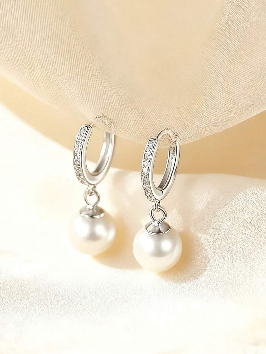 1 par de pendientes de aro elegantes y lujosos con rhinestones y perlas, pendientes de estilo francés minimalista con circonita para mujeres - Plateado - Ver 1