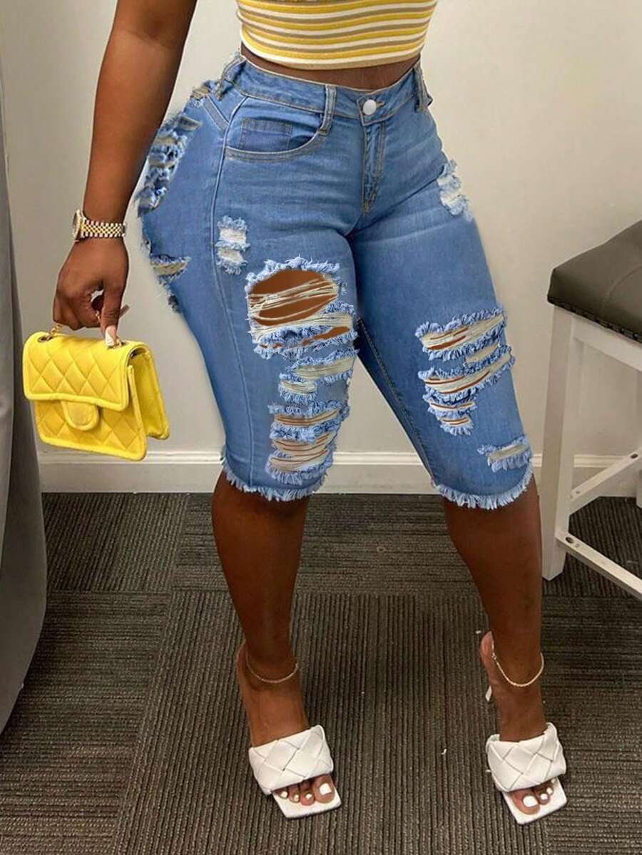 Women's Casual Washed Distressed Skinny Denim Shorts Summer