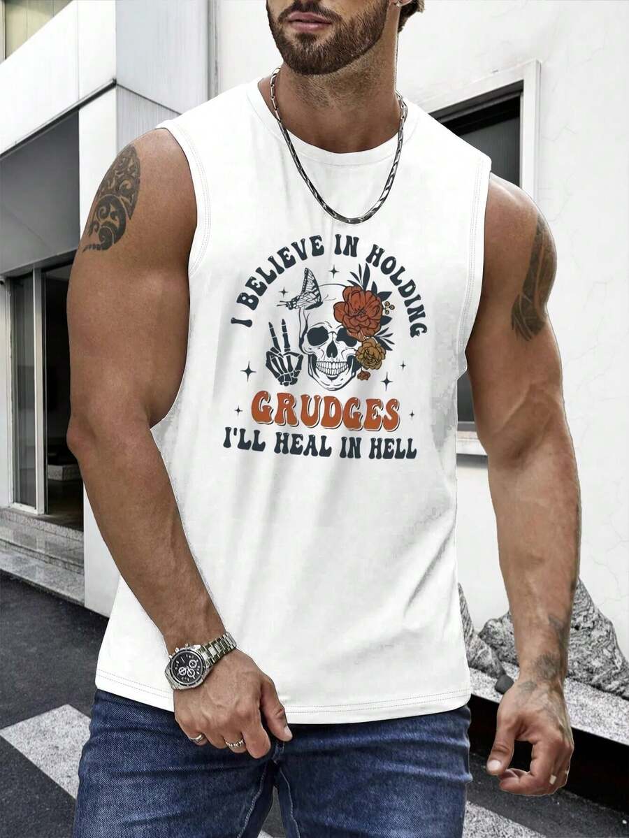 1PC Men's Vest With "Gothic Grudge Skull Illustration" Print Design, 180g Pure Cotton Vest, Seamless, Sweat-Wicking, 100% Cotton, Loose American-Style Tank Top For Sports And Fitness. - 白色 - 查看 1