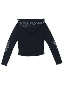 Retro American Rhinestone Embellished Slim Fit Pullover Hoodie, Versatile Black Long Sleeve T-Shirt Undershirt For Women - Black - View 3