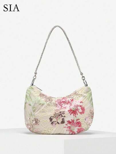 1件女士简约闪亮水钻网纱亮片刺绣3D立体花卉粗手链，搭配优雅新月形腋下手拿包，适合外出、约会、派对等场合。