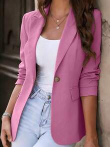 女士优雅聚酯纤维长袖尖领西装外套，常规版型和长度，无弹力设计，纽扣细节 - 粉色 - 查看 1
