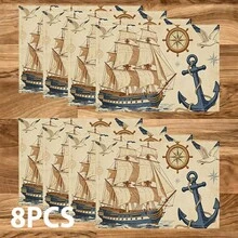 4/6/8 Pcs Set, Nautical Map Placemats, Boat Pattern Party Decor, Linen Dining Table Mats, Washable Printed Coasters, Surface Protection Pads, Ideal Decoration For Holiday Kitchen And Home Gatherings - Multicolor - View 12