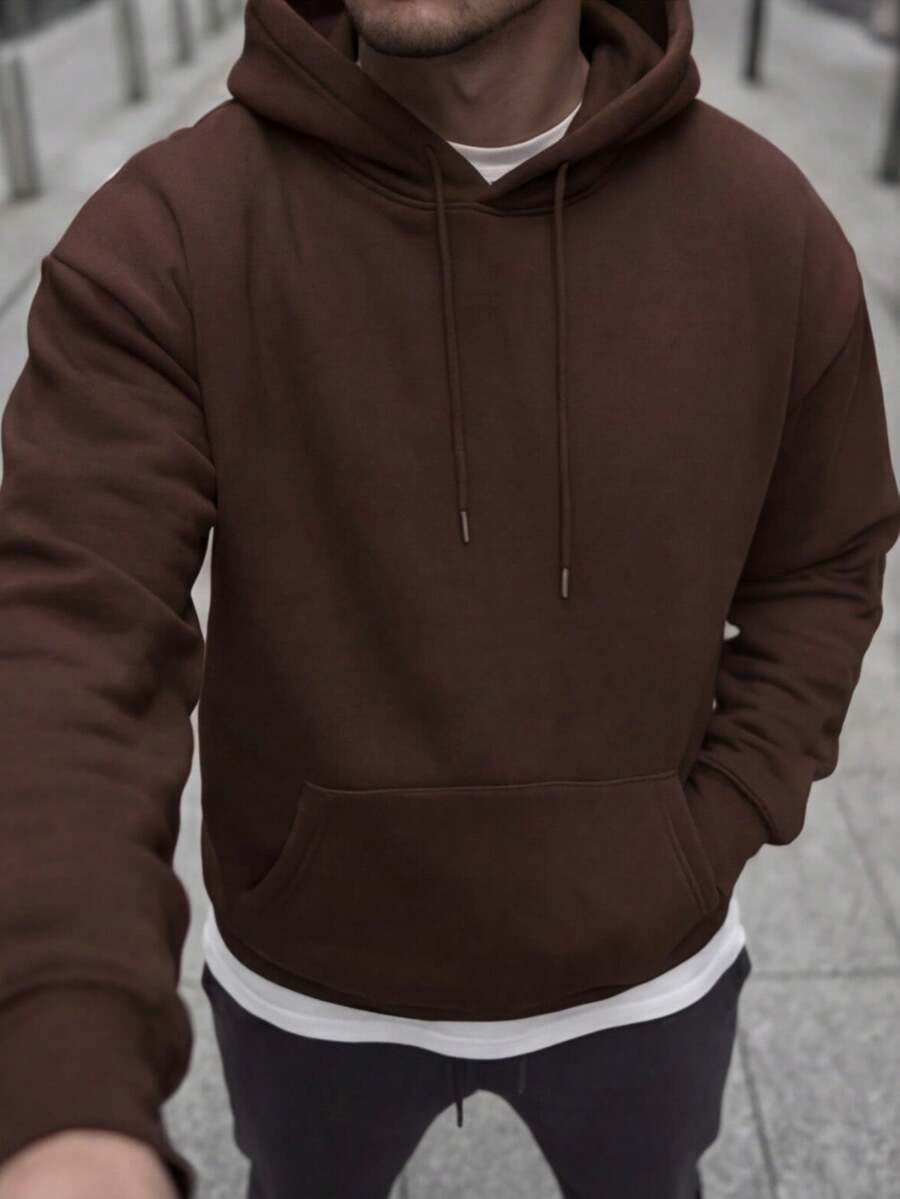 CHIEREGATO OUTLET Men's Hoodie, Plain Streetwear Sweatshirt, Premium Casual Winter Jacket With Fur Lining, Flannel Coat, Drawstring - 鏽棕色 - 查看 1
