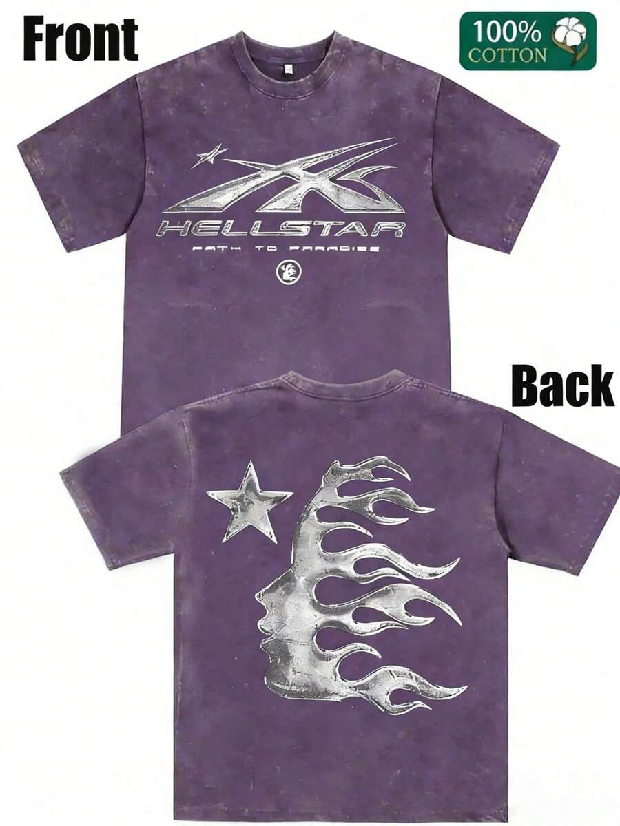 Hellstars Path To Paradise Flame Star Graphic Y2K Washed T-Shirt Double Sided Printed (230g 100% Cotton T-Shirt), Summer Clothes, Men's Tops, Casual And Comfortable, Fashionable Graphic Tee, Unisex Style - Mauve Purple - View 1